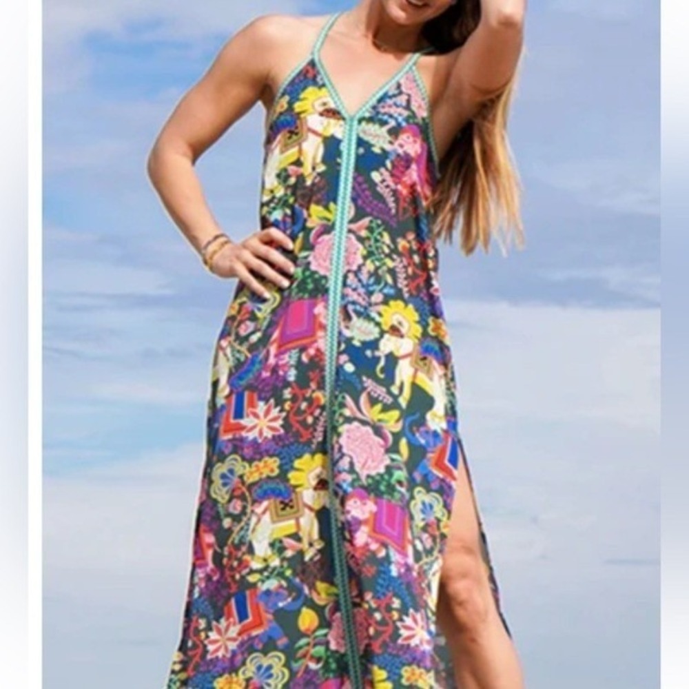 AMERICA & BEYOND SZ M Elephant Floral Print Maxi Dress Halter Neck Zip Front